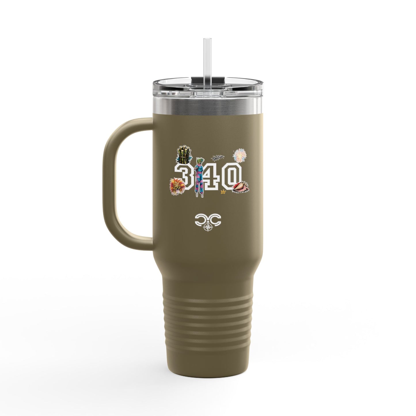 40oz Insulated Travel Mug — "340" Tropical Palm Beach Stainless Steel Tumbler