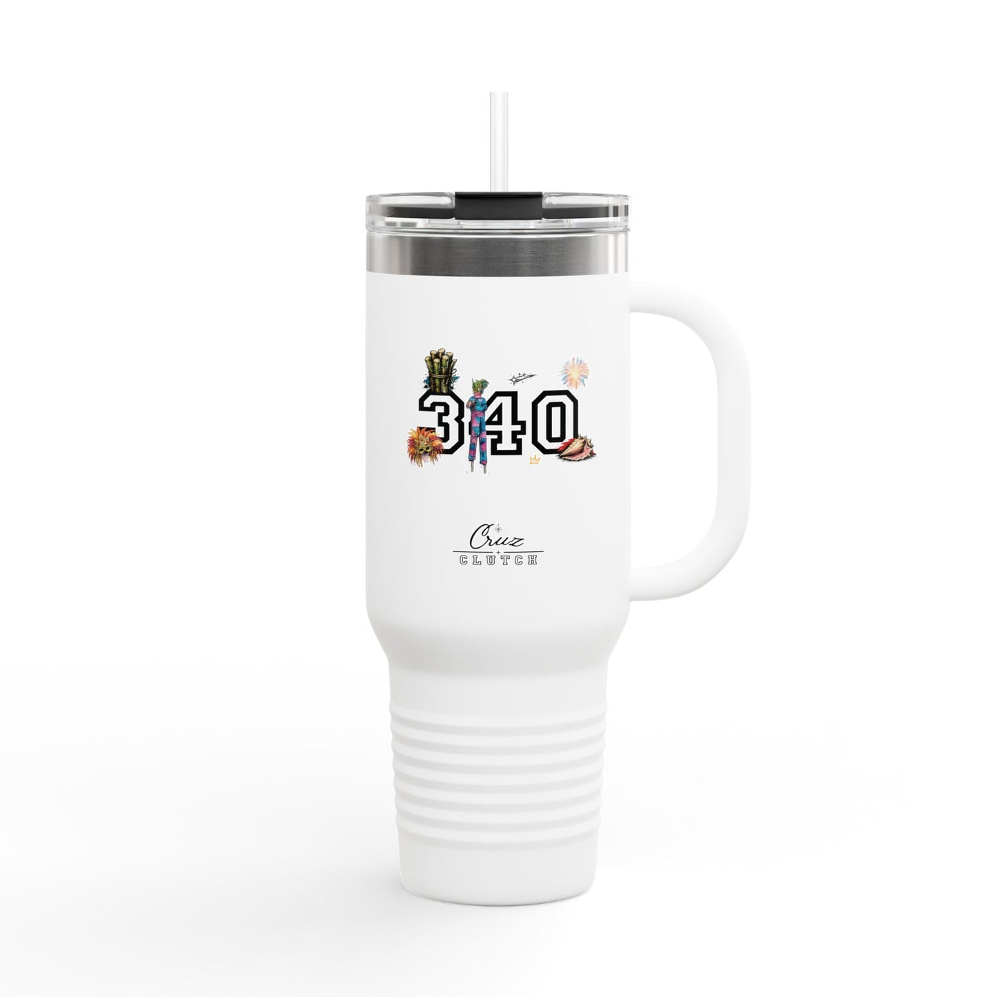 40oz Insulated Travel Mug — "340" Tropical Palm Beach Stainless Steel Tumbler